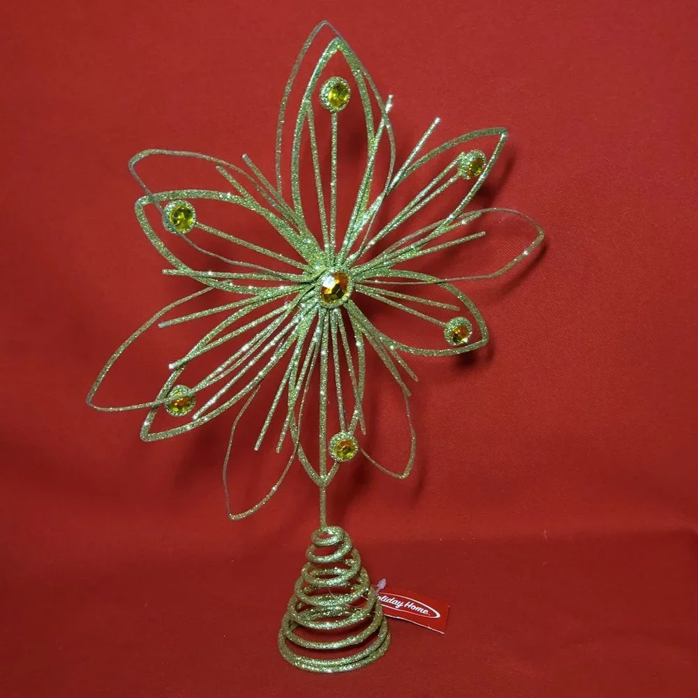 Holiday Home Jewel Flower Tree Topper Gold Glitter Sparkling Metal Wire Star Flo